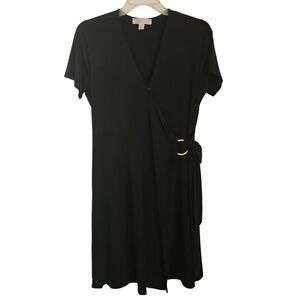 Michael Kors Dress Womens Large Black Faux Wrap MK Gold Ring & Tie Waistline